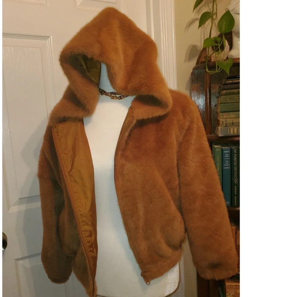 Wonder Nation Girls Faux Fur Hooded Bomber Jacket Brown XL 14-16 Plus HQ0183388P
